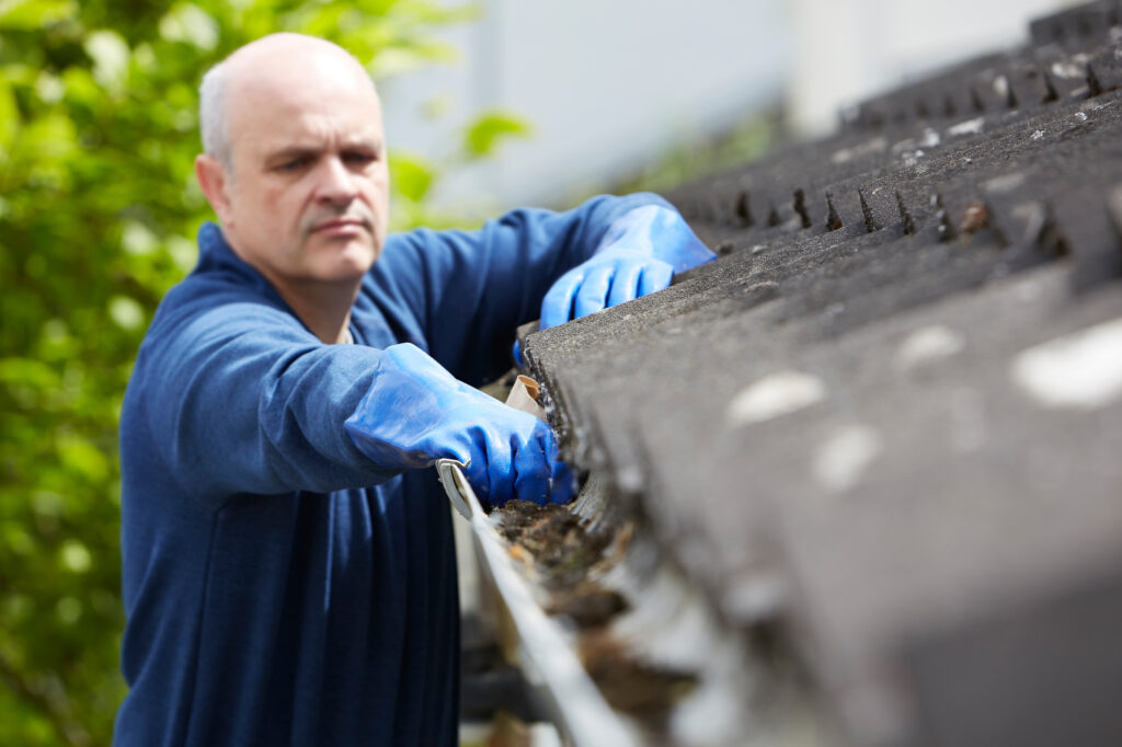Man Cleans residential gutters or eaves in spring
